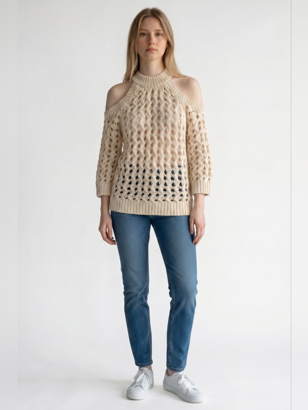 Camila Coelho Cream Open Knit Cold Shoulder Open Back Sweater Size Small